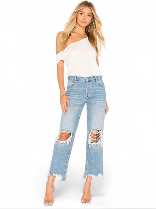 We The Free Denim - Free People We The Free Maggie Distressed Mid Rise Straight Jeans Raw Hem 28